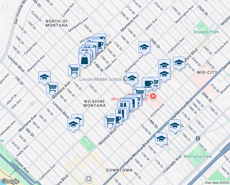 map of restaurants, bars, coffee shops, grocery stores, and more near 1314 Washington Avenue in Santa Monica