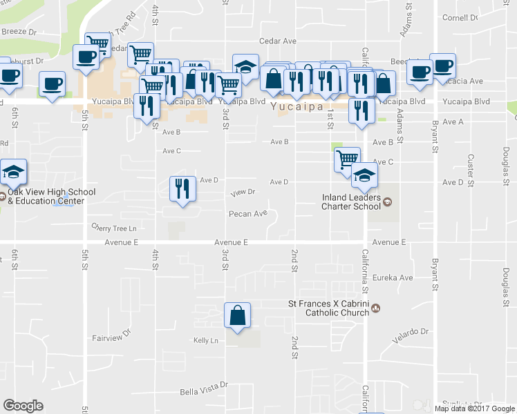 map of restaurants, bars, coffee shops, grocery stores, and more near 34790 Pecan Avenue in Yucaipa