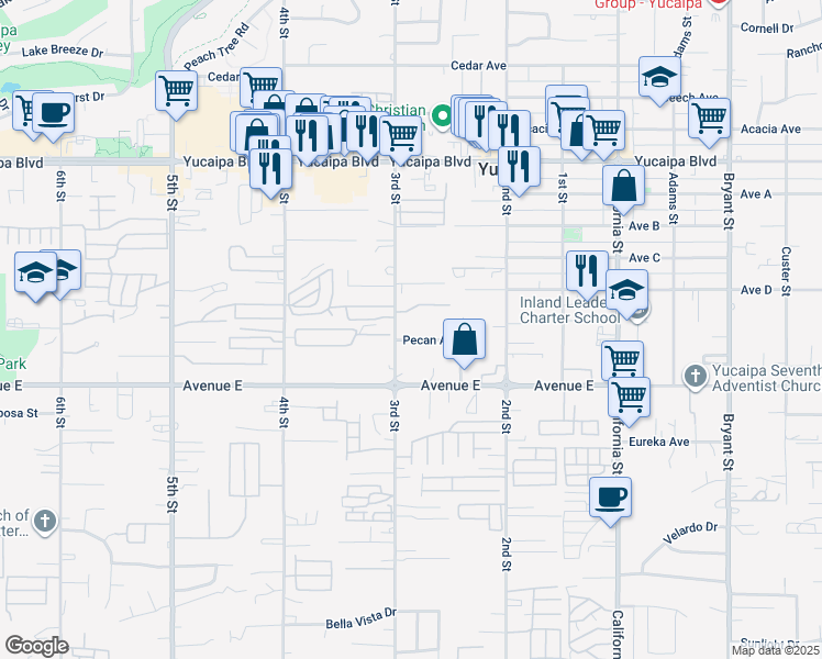 map of restaurants, bars, coffee shops, grocery stores, and more near Pecan Avenue in Yucaipa