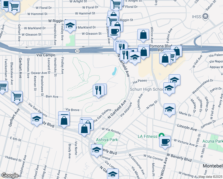 map of restaurants, bars, coffee shops, grocery stores, and more near 901 Via San Clemente in Montebello