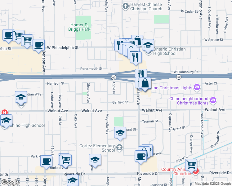 map of restaurants, bars, coffee shops, grocery stores, and more near 12364 Aralia Drive in Chino