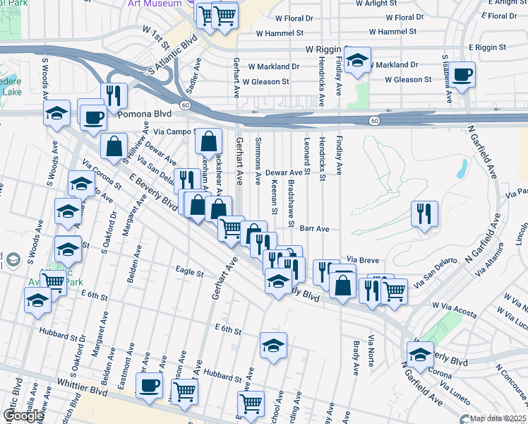 map of restaurants, bars, coffee shops, grocery stores, and more near 329 Simmons Avenue in Montebello