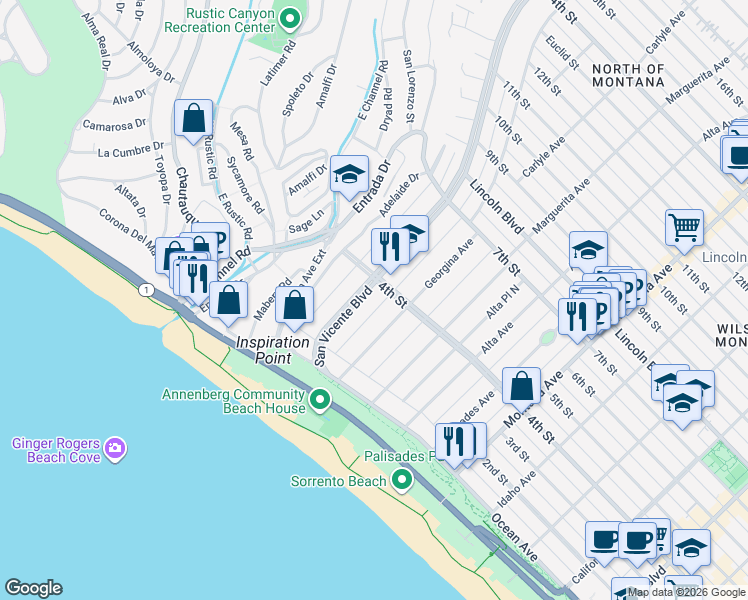 map of restaurants, bars, coffee shops, grocery stores, and more near 316 San Vicente Boulevard in Santa Monica