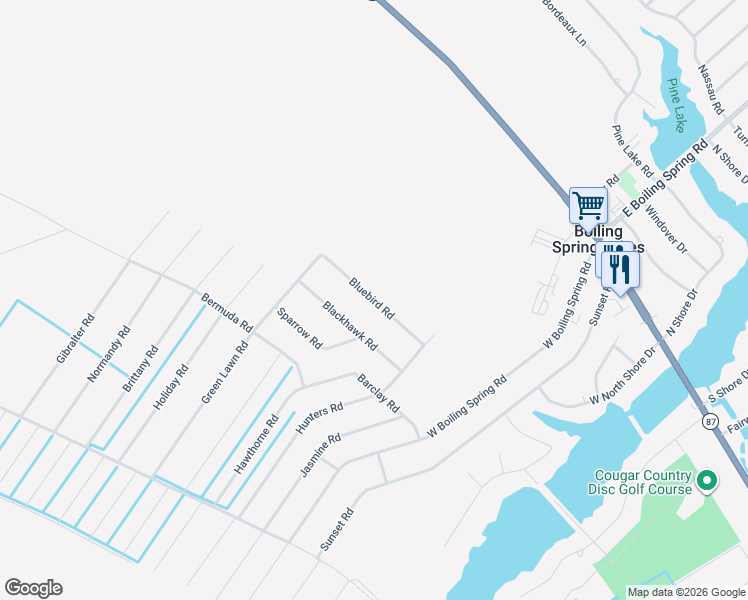 map of restaurants, bars, coffee shops, grocery stores, and more near Bluebird Road in Boiling Spring Lakes