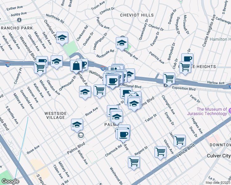 map of restaurants, bars, coffee shops, grocery stores, and more near 3314 Mentone Avenue in Los Angeles