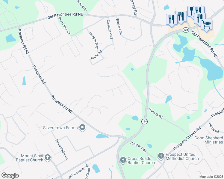 map of restaurants, bars, coffee shops, grocery stores, and more near 1538 Pine Creek Way Northeast in Lawrenceville