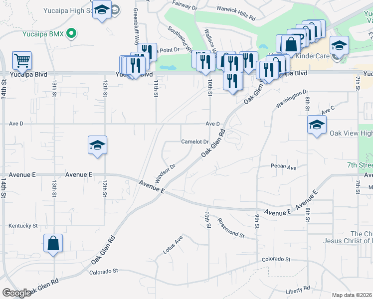 map of restaurants, bars, coffee shops, grocery stores, and more near 33242 Camelot Drive in Yucaipa