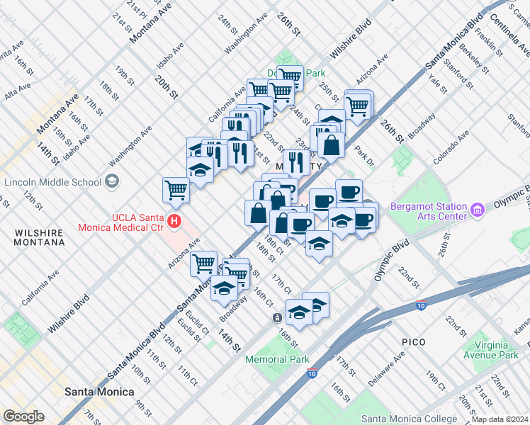 map of restaurants, bars, coffee shops, grocery stores, and more near 1347 19th Street in Santa Monica