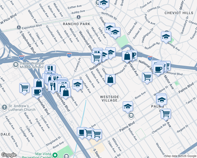 map of restaurants, bars, coffee shops, grocery stores, and more near 3104 Kelton Avenue in Los Angeles