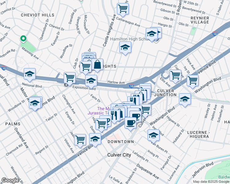 map of restaurants, bars, coffee shops, grocery stores, and more near 3602 Cardiff Avenue in Los Angeles