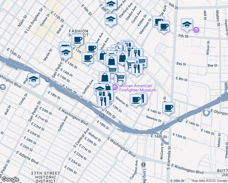 map of restaurants, bars, coffee shops, grocery stores, and more near 1401 South Central Avenue in Los Angeles