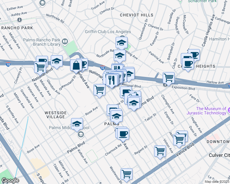 map of restaurants, bars, coffee shops, grocery stores, and more near 3314 Mentone Avenue in Los Angeles