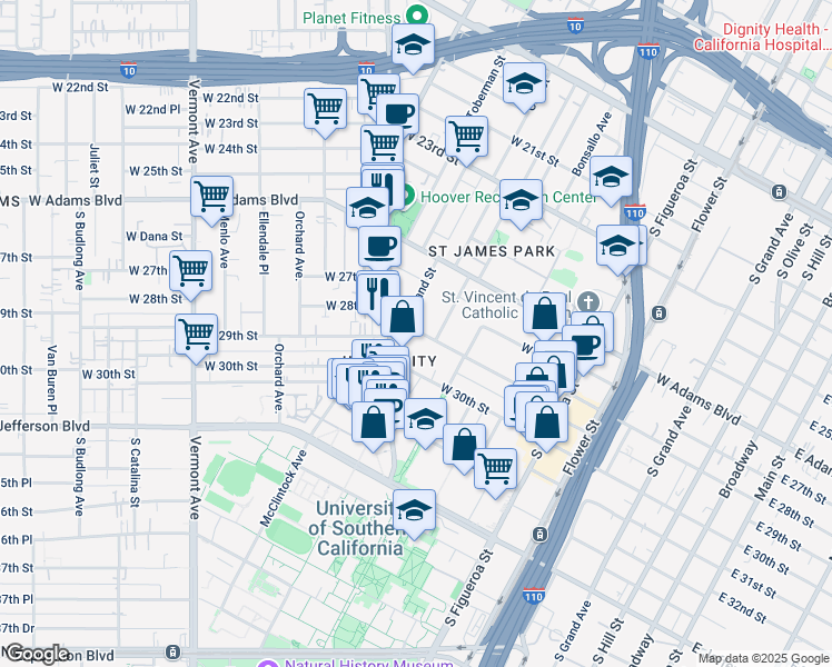 map of restaurants, bars, coffee shops, grocery stores, and more near 923 West 28th Street in Los Angeles