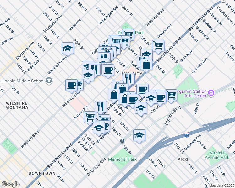 map of restaurants, bars, coffee shops, grocery stores, and more near 1347 19th Street in Santa Monica
