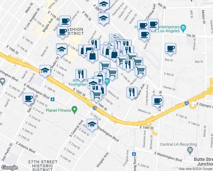 map of restaurants, bars, coffee shops, grocery stores, and more near 1401 South Central Avenue in Los Angeles