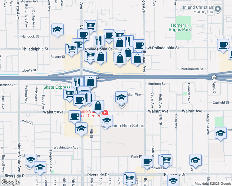 map of restaurants, bars, coffee shops, grocery stores, and more near 5518 Guardian Way in Chino