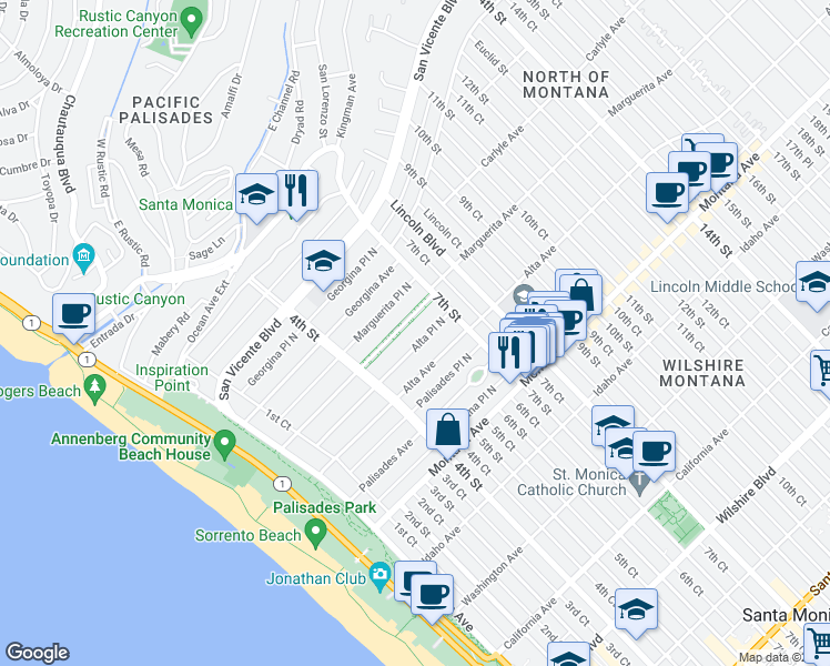 map of restaurants, bars, coffee shops, grocery stores, and more near 528 Marguerita Avenue in Santa Monica