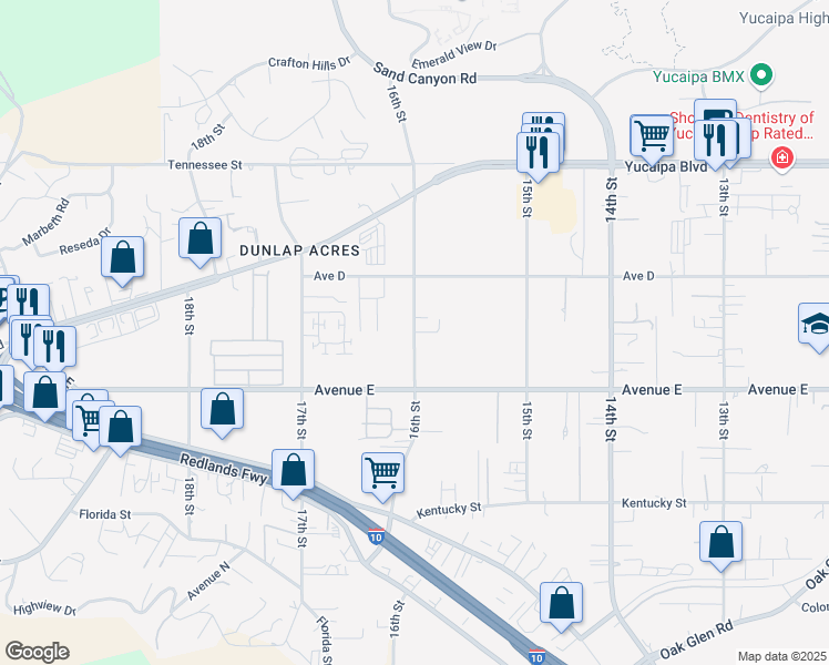 map of restaurants, bars, coffee shops, grocery stores, and more near 12440 16th Street in Yucaipa