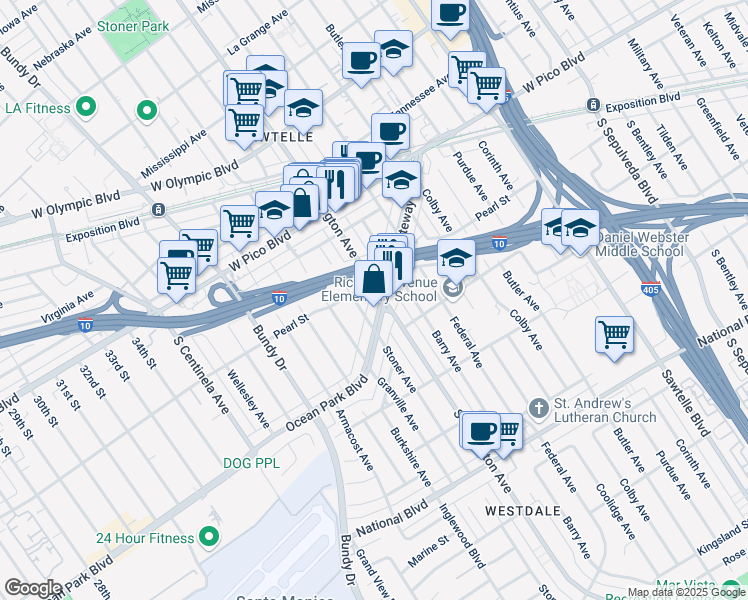 map of restaurants, bars, coffee shops, grocery stores, and more near 11660 Gateway Boulevard in Los Angeles