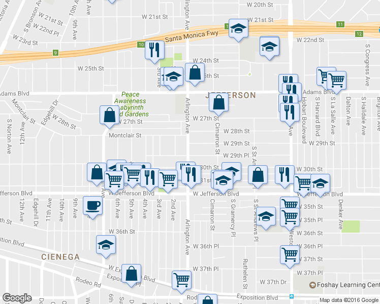 map of restaurants, bars, coffee shops, grocery stores, and more near 2289 West 29th Place in Los Angeles