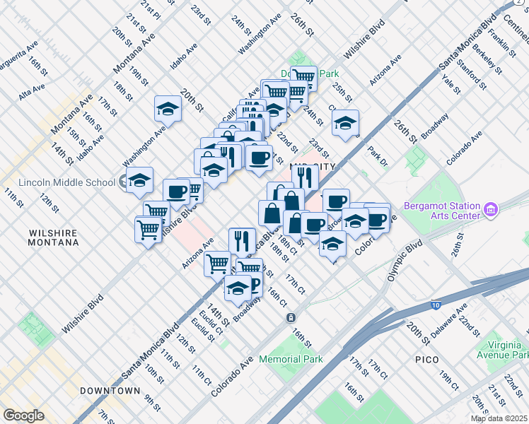 map of restaurants, bars, coffee shops, grocery stores, and more near in Santa Monica