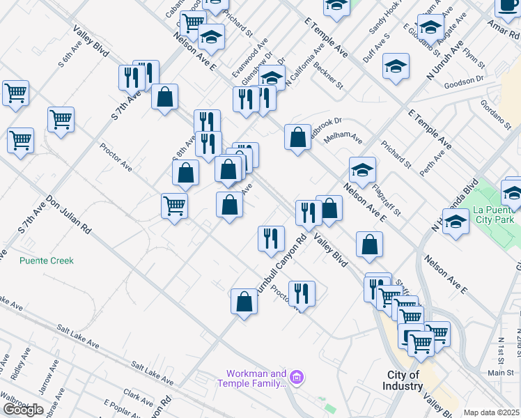 map of restaurants, bars, coffee shops, grocery stores, and more near 15024 Valley Boulevard in La Puente