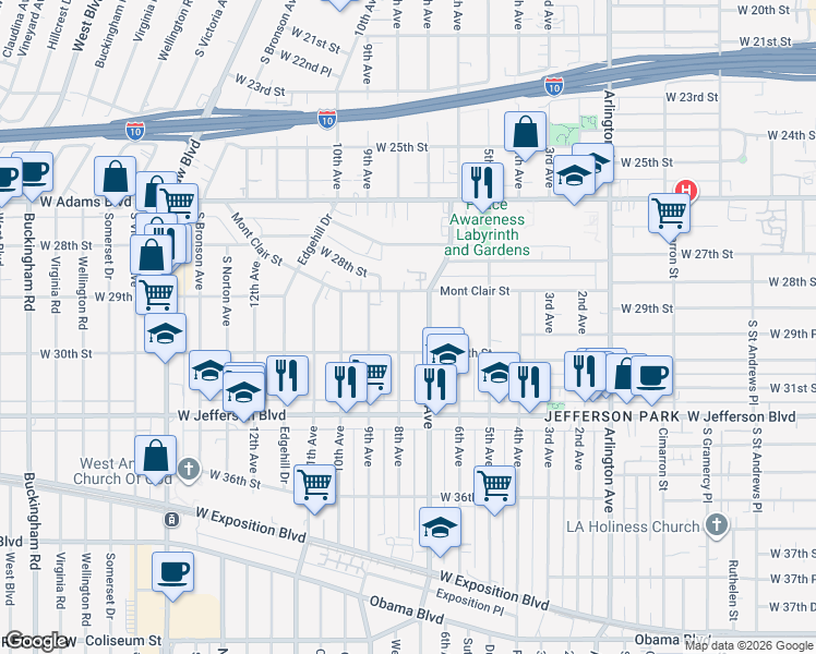 map of restaurants, bars, coffee shops, grocery stores, and more near 2922 8th Avenue in Los Angeles