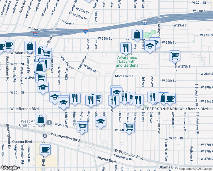 map of restaurants, bars, coffee shops, grocery stores, and more near 2922 8th Avenue in Los Angeles