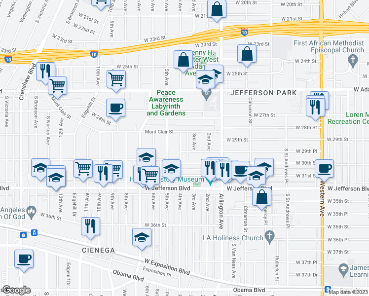 map of restaurants, bars, coffee shops, grocery stores, and more near 2918 4th Avenue in Los Angeles