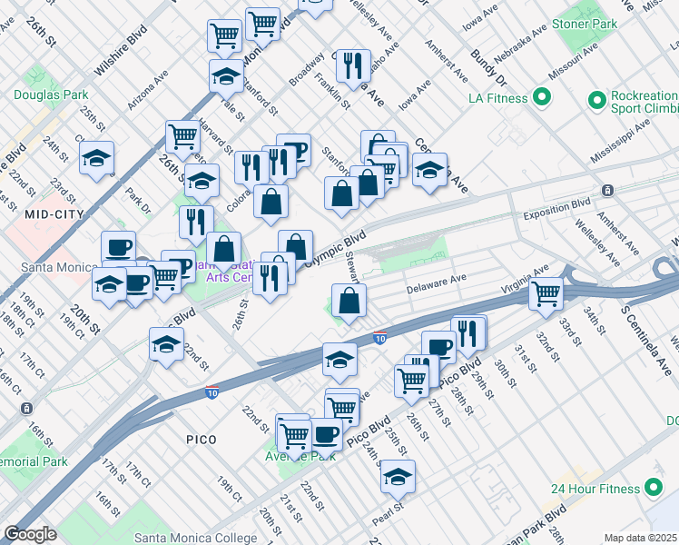 map of restaurants, bars, coffee shops, grocery stores, and more near 1800 Stewart Street in Santa Monica