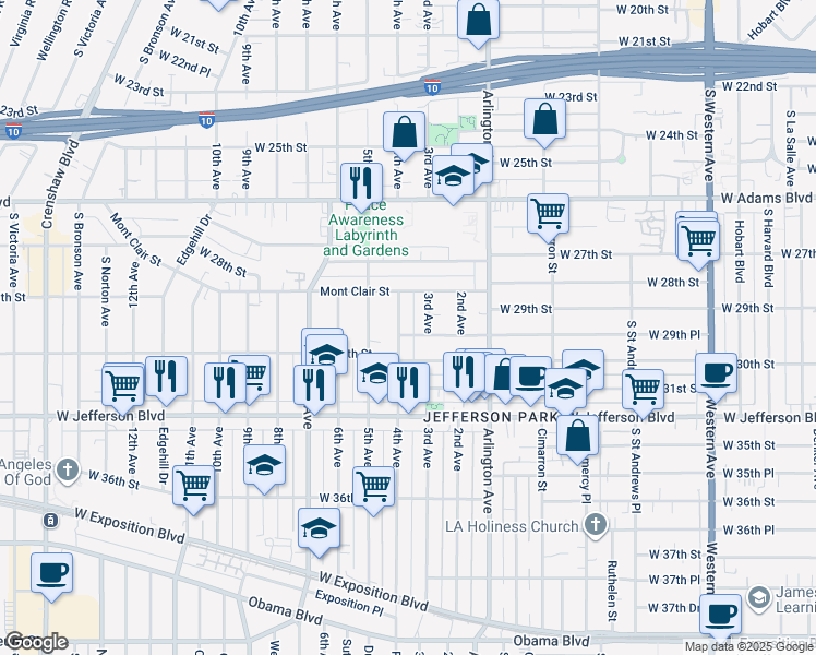map of restaurants, bars, coffee shops, grocery stores, and more near 2918 4th Avenue in Los Angeles