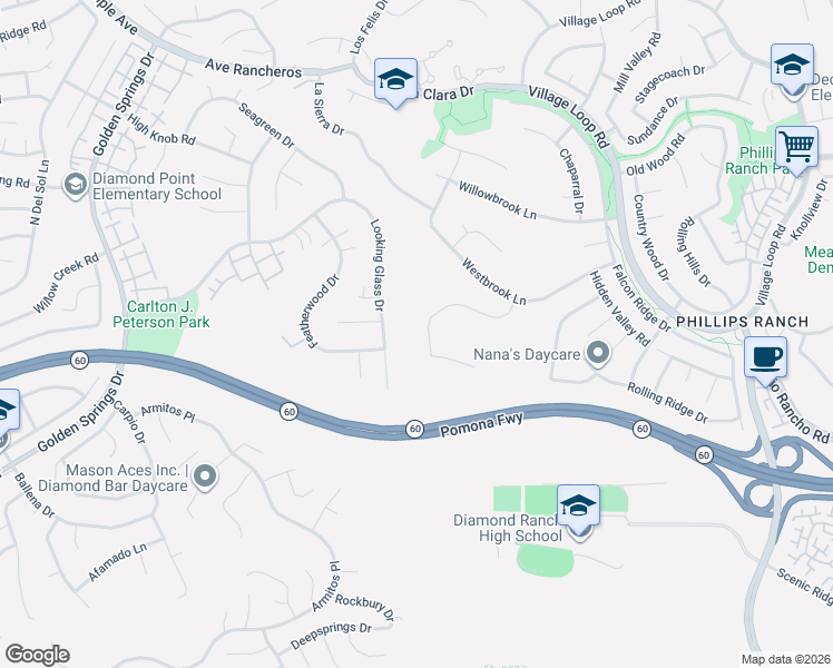 map of restaurants, bars, coffee shops, grocery stores, and more near 21 Franciscan Place in Pomona