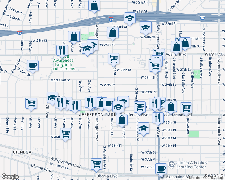 map of restaurants, bars, coffee shops, grocery stores, and more near 2222 West 29th Street in Los Angeles