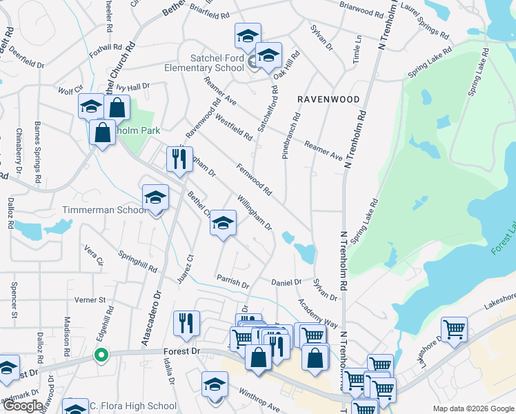 map of restaurants, bars, coffee shops, grocery stores, and more near 4633 Fernwood Road in Columbia