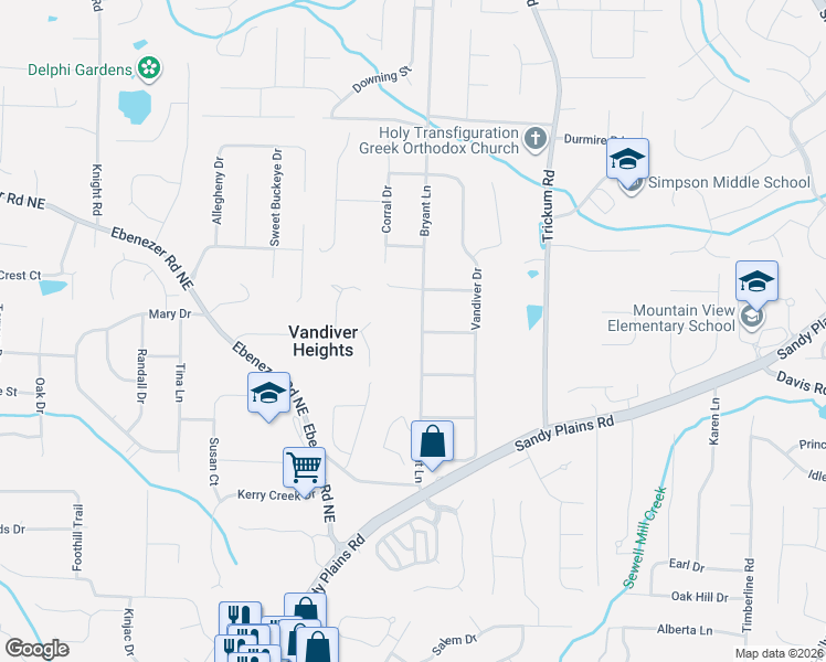 map of restaurants, bars, coffee shops, grocery stores, and more near 3221 Bryant Lane in Marietta