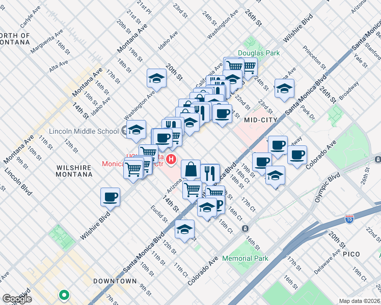map of restaurants, bars, coffee shops, grocery stores, and more near 1231 17th Street in Santa Monica