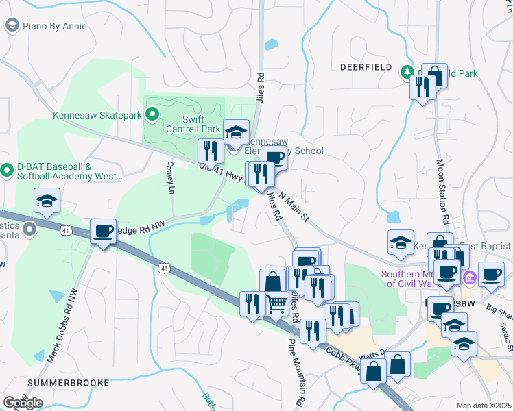map of restaurants, bars, coffee shops, grocery stores, and more near 1034 Hillsborough Chase Northwest in Kennesaw