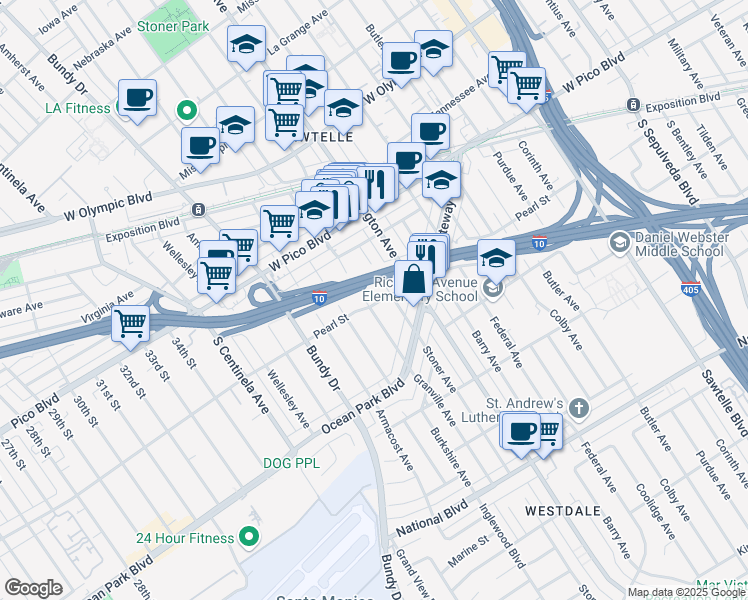 map of restaurants, bars, coffee shops, grocery stores, and more near 2496 Granville Avenue in Los Angeles