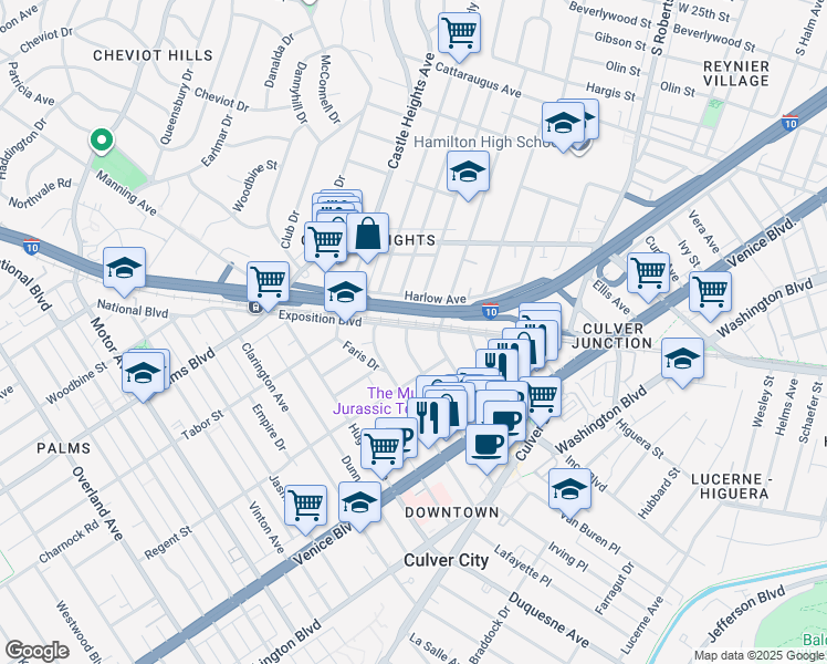 map of restaurants, bars, coffee shops, grocery stores, and more near 3602 Cardiff Avenue in Los Angeles