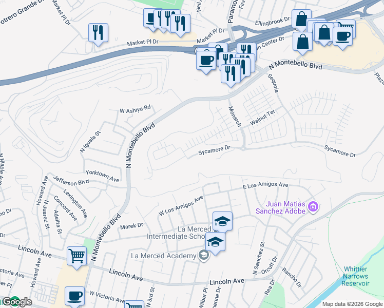 map of restaurants, bars, coffee shops, grocery stores, and more near 478 Sycamore Drive West in Montebello