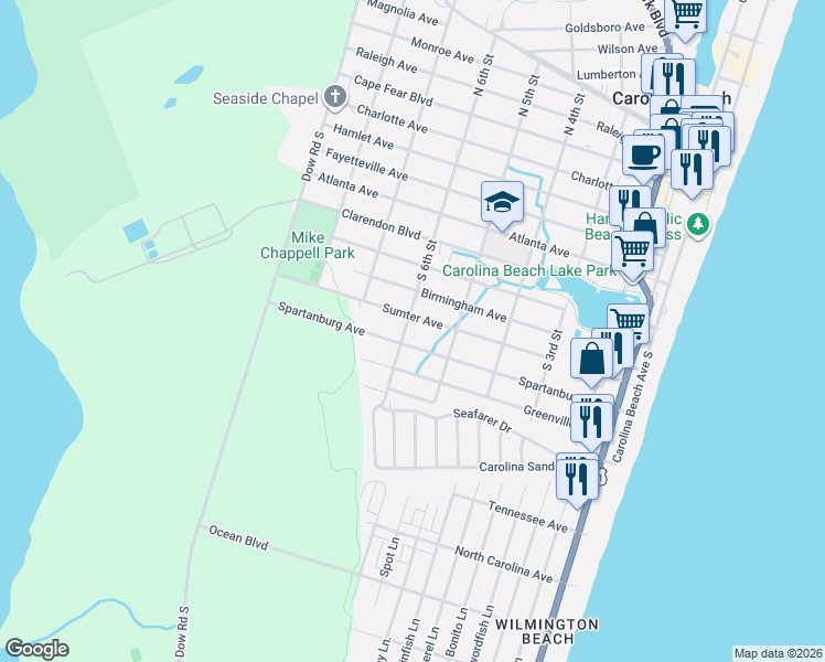 map of restaurants, bars, coffee shops, grocery stores, and more near 519 Sumter Avenue in Carolina Beach