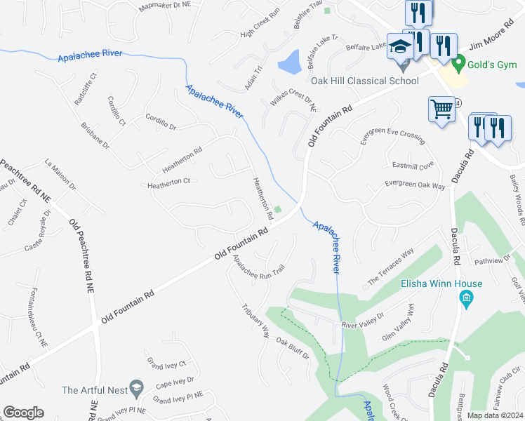 map of restaurants, bars, coffee shops, grocery stores, and more near 1230 Heatherton Road in Dacula