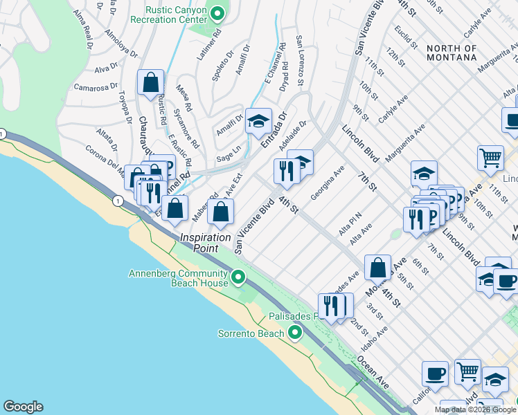 map of restaurants, bars, coffee shops, grocery stores, and more near 229 San Vicente Boulevard in Santa Monica