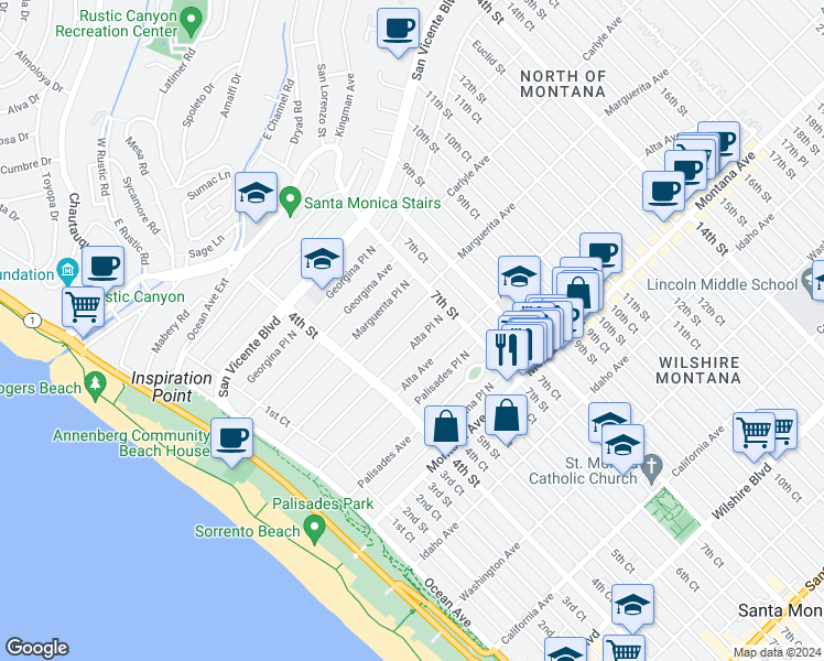map of restaurants, bars, coffee shops, grocery stores, and more near 528 Marguerita Avenue in Santa Monica