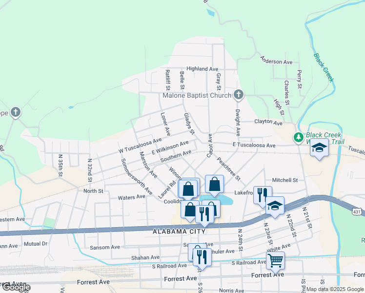 map of restaurants, bars, coffee shops, grocery stores, and more near 13 East Wilkinson Avenue in Gadsden
