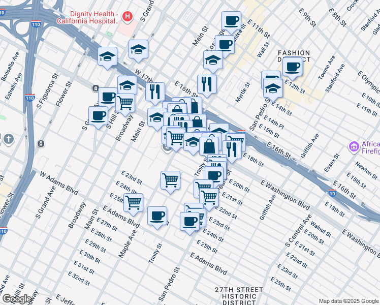 map of restaurants, bars, coffee shops, grocery stores, and more near 410 East Washington Boulevard in Los Angeles