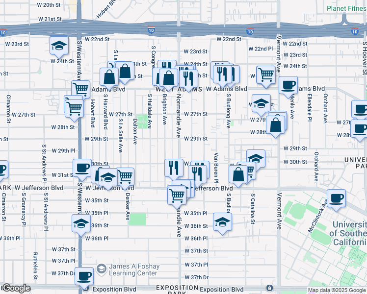map of restaurants, bars, coffee shops, grocery stores, and more near 2903 Normandie Avenue in Los Angeles