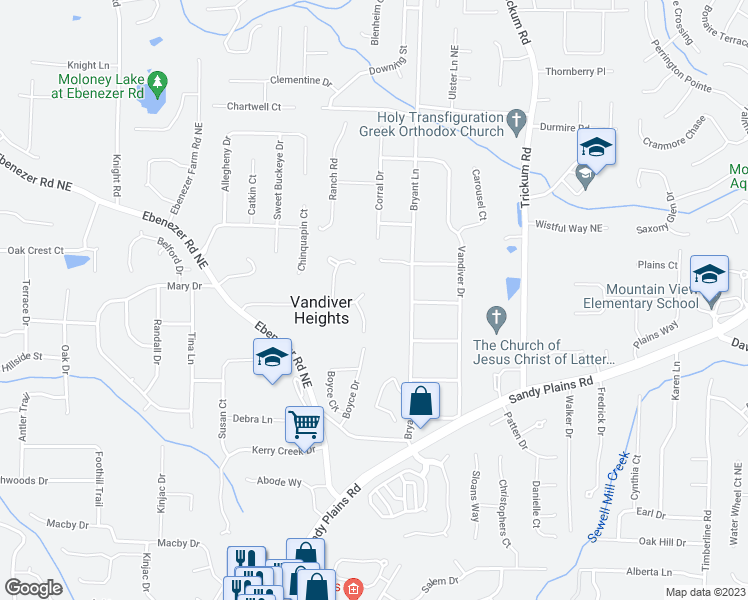 map of restaurants, bars, coffee shops, grocery stores, and more near 2160 Shadowood Drive in Marietta