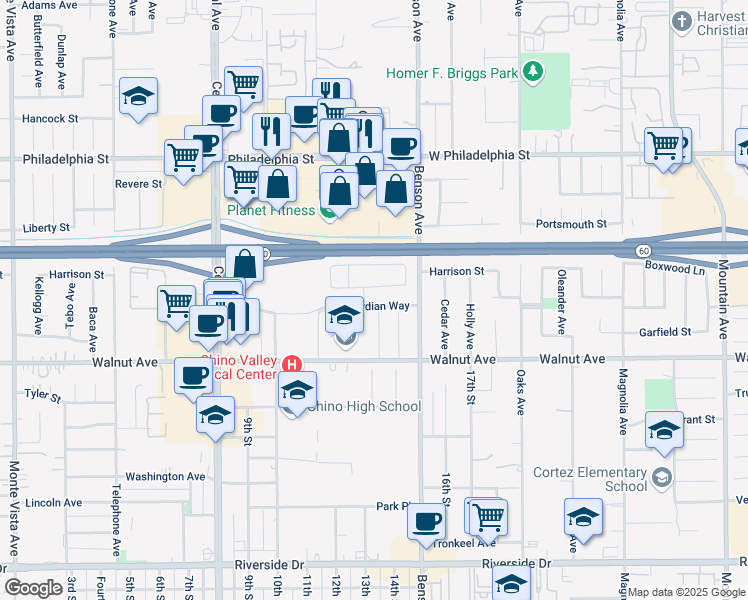 map of restaurants, bars, coffee shops, grocery stores, and more near 5610 Guardian Way in Chino