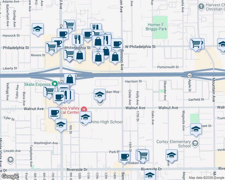map of restaurants, bars, coffee shops, grocery stores, and more near 5620 Buckthorn Court in Chino